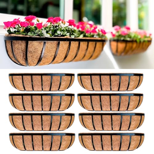 LaLaGreen Outdoor Wall Planter for Plants (24 Inch, 8 Pack) Large Black Metal Basket with Coco Liner, Window Flower Box Deck Railings Hanging Balcony Plant Holder Pot Garden Fence Balcony Patio Rail - size: 24" x 8
