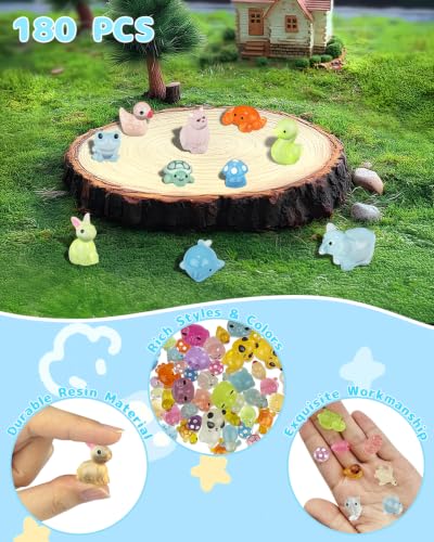Piemow 180 Pcs Mini Resin Animals Kit, Luminous Landscape Figurines Decor
