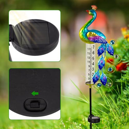 Peacock Rain Gauge Outdoor 36.6" Solar Powered Rain Gauges - color: Green Peacock