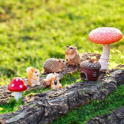 Fairy Garden Accessories, 7 Pieces Squirrel & Hedgehog Resin Figures with Acorn & Mushroom, Handmade Miniature Decor, Garden Miniatures and Home Decorations, Perfect DIY Gift - color: Multicolor