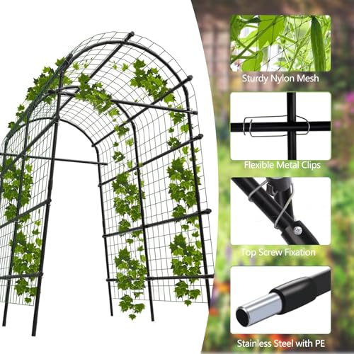 Metal Garden Arch Trellis, 7.6Ft Black for Raised Beds, Plant Support for Cucumbers & Climbing Vegetables with 9 Horizontal Pipe - size: 7.6x6x3.8 Ft - 9