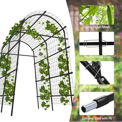 Metal Garden Arch Trellis, 7.6Ft Black for Raised Beds, Plant Support for Cucumbers & Climbing Vegetables with 9 Horizontal Pipe - size: 7.6x6x3.8 Ft - 9