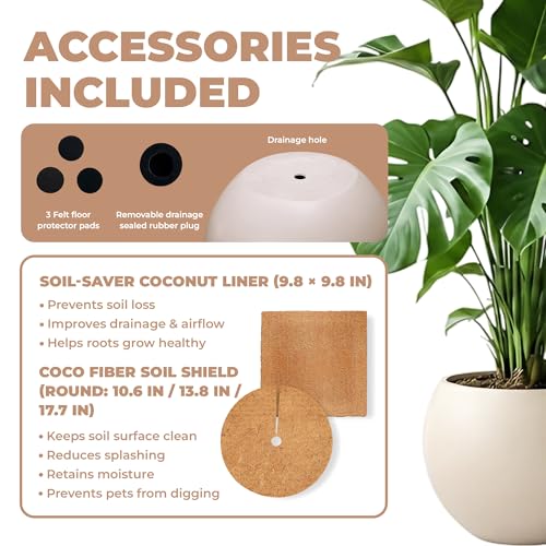 Marlo Fiberstone Round Planter, Matte Finishes (L, Cream White) - color: Cream White, size: 21.3"D x 16.5"H