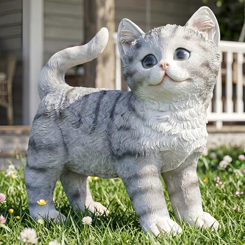 Cat Statue, 8.3 Inch Grey Tabby Resin Outdoor Garden Decor - color: Grey Cat