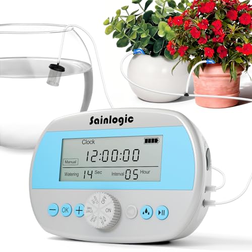 Sainlogic Smart Self-Watering System for 15 Potted Plants, Automatic Plant Waterer with Humidity Display, Deep Root Irrigation, IP64 Programmable Timer, for Vacation, Travel and Indoor Gardens