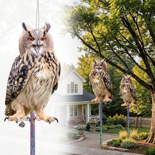 5 Pack Fake Owl to Keep Pigeon Woodpecker Away, Hanging Plastic Flat Fake Owl with Reflective Tape to Scare Animals Away for Windows Outdoor Patio Contryard Garden Backyard Front Porch - color: 5pcs-lt.brown