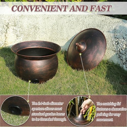 Metal Garden Hose Storage Pot,Vintage Copper Finish Hose Holder with Lid