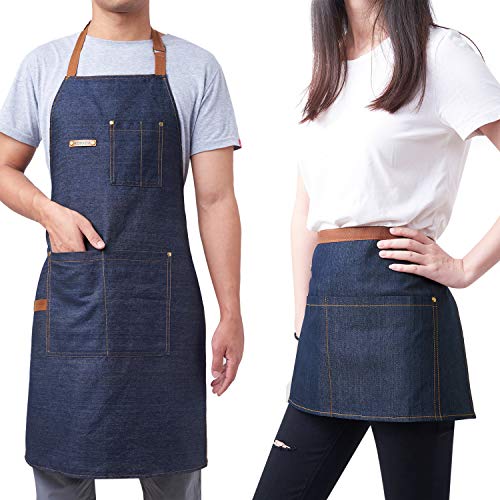 2 Packs Waist Denim Aprons for Restaurant Kitchen Women Waitress Denim Apron - color: Blue Denim Apron 2 Packs