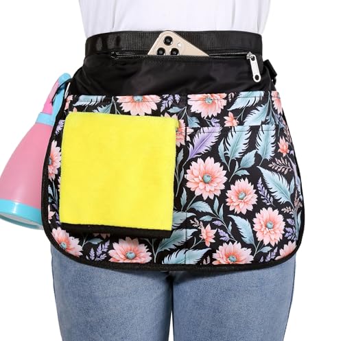 Bafelia Small Size Cleaning Caddy Apron for Women with 5 Pockets, Professional Waterproof Cleaning Supplies for Housekeepers - color: Pink Flowers
