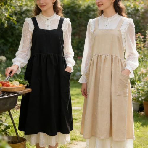 Cotton Linen Apron Cross Back Apron for Women with Pockets Pinafore Dress - color: 2 Pack-black+beige