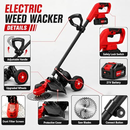 4-in-1 Electric Weed Wacker with Wheels, 20000RPM Cordless Weed Whacker & Brush Cutter, Lightweight 21V Battery Powered Lawn Edger with 2 Batteries