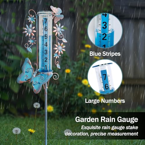 Freeze Proof Rain Gauge Outdoors Best Rated, Accurate & Easy to Read - color: Blue Copper Butterfly