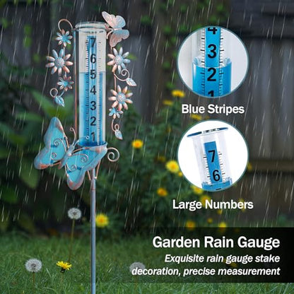 Freeze Proof Rain Gauge Outdoors Best Rated, Accurate & Easy to Read - color: Blue Copper Butterfly