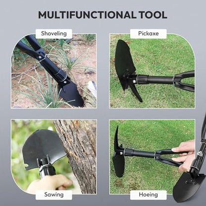 KIBOCO Small Folding Survival Shovel, Military-Style Tool for Car, Snow, Camping, Backpacking - 18" Carbon Steel Multitool with Pick