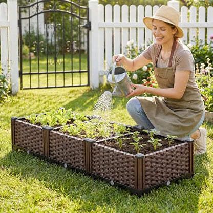 3 Planter Boxes Rectangular Raised Garden Bed Kit Indoor Outdoor Plastic Planter Grow Box for Fresh Vegetables, Herbs, Flowers & Succulents, Brown, 46.4'' X 15.7'' X 8.46''