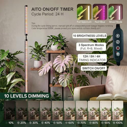 36W Standing Grow Light for Indoor Plants, 65'' Adjustable Tall Grow Light with Stand, 3 Light Modes & 10 Dimmable Levels, Floor Grow Light with Timer for Large Indoor Plants, Herbs, Corners