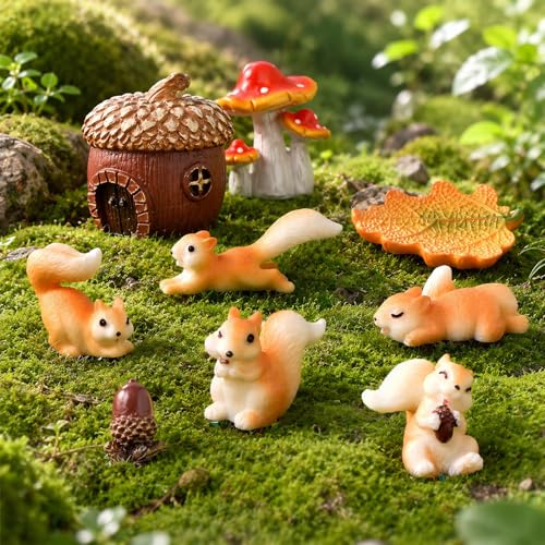 Fairy Garden Accessories, 9 Pieces Squirrel Resin Figures with Pinecone House Mushroom Leaf, Handmade Miniature Decor, Garden Miniatures Decors for Outdoor Home, Perfect DIY Gift - color: Orange