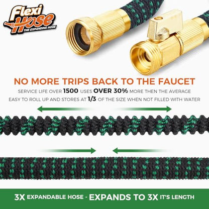 Flexi Hose with 8 Function Nozzle, 50FT - Lightweight Expandable Garden Hose, No-Kink Flexibility, 3/4 Inch Solid Brass Fittings and Double Latex Core - Black and Green - size: 50ft