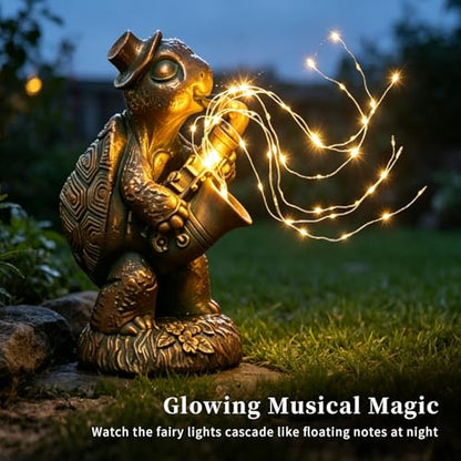 Solar Turtle Statue with Saxophone String Lights for Garden Decor