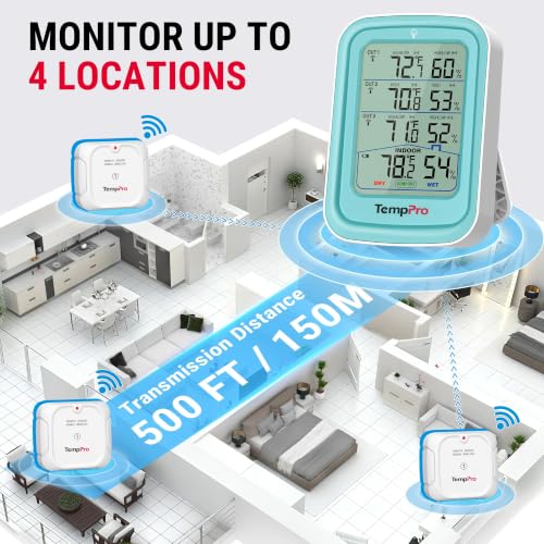 TempPro TempAir 500FT Indoor Outdoor Thermometer Wireless with 3 Sensors - color: Blue