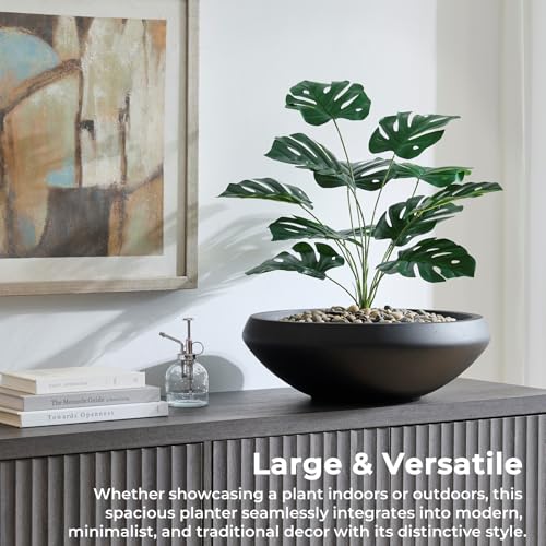 19" Dia Black Concrete Bowl Planter, Large Succulent Pot with Drain Hole - color: Black, size: Medium