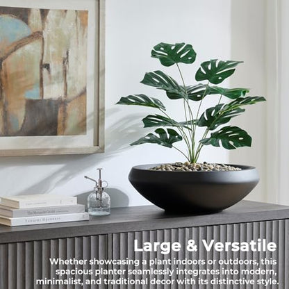 19" Dia Black Concrete Bowl Planter, Large Succulent Pot with Drain Hole - color: Black, size: Medium