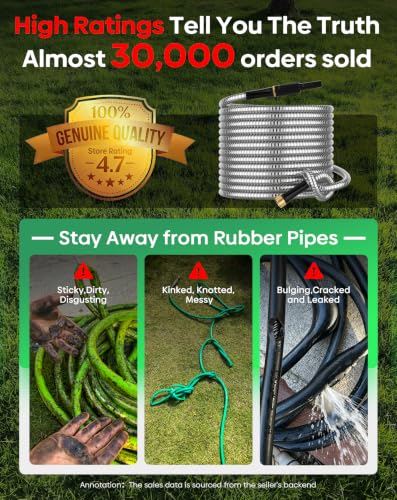 Non-Expandable Metal Garden Hose 25 Feet with Sprayer Nozzle, Flexible, No Kinking, Lightweight & Heavy Duty Water Pipe, Stainless Steel Outdoor Water Hose for Yard 25 ft, Male to Female Connector - size: 25ft