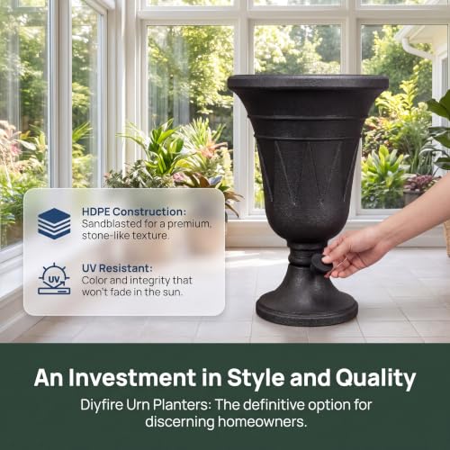 24" Tall Urn Planters for Outdoor Plants, Urns and Pedestal, Black - color: Black-concrete Look/Sandblasting
