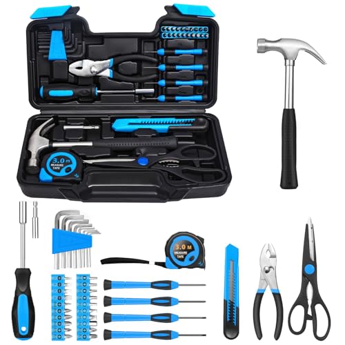 RVOGJP 39-Piece Basic Home Tool Set, General Repair Small Hand Tool Kit with Toolbox for Home, Garage, Office & College Dorm Use, Blue - color: Bule