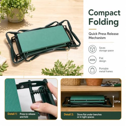 Garden Kneeler and Seat, Foldable Kneeling Stool with Thicker EVA Foam Pad, Heavy Duty Bench with Tool Pouch, Gifts for Outdoor Gardening, Fishing, Green, Arbor Day Gift