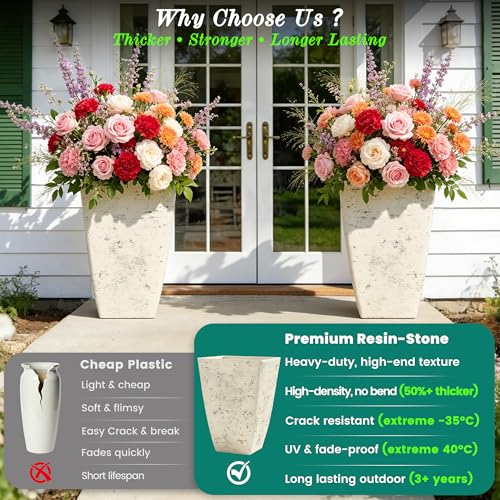 2-Pack 19" Country White Resin Square Planters with Drainage Hole - color: 19"h-ivory Rustic Stone