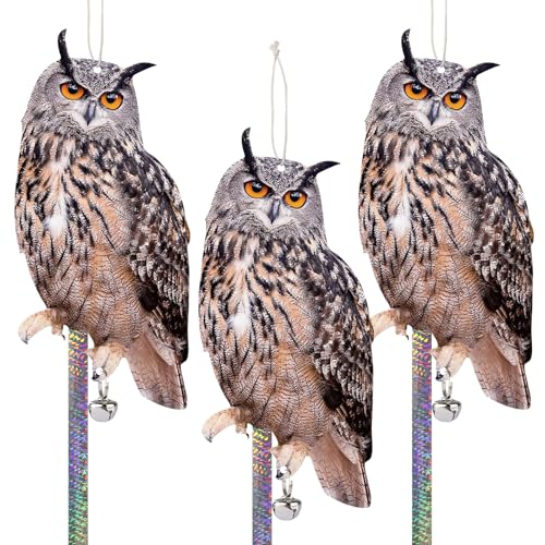 Owls to Keep Animals Away Outdoor, 3 Pack Hanging Owl with Reflective Tape Decoration for Garden Patio Trees and Windows, Scare Pigeon Woodpecker Away from Yard Backyard Front Porch Farm - color: 3pcs-brown