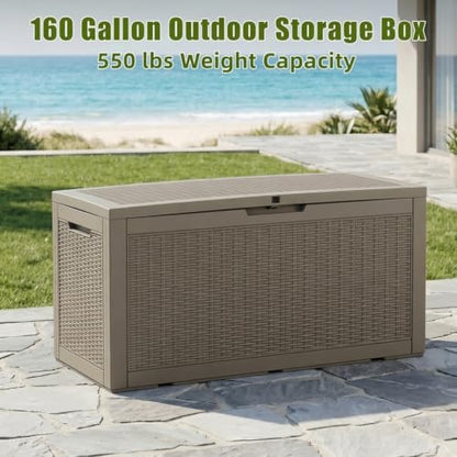 ROJIK 160 Gallon Deck Box, Lockable Waterproof Resin Storage Box Grey - color: Grey, size: 160 Gallon