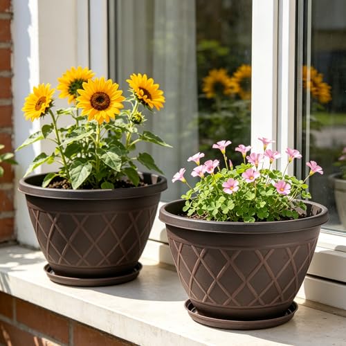 4 Pack 10 Inch Plant Pot, Planter Pots with Drainage Holes & Saucers - size: 10 Inch - 4Pack