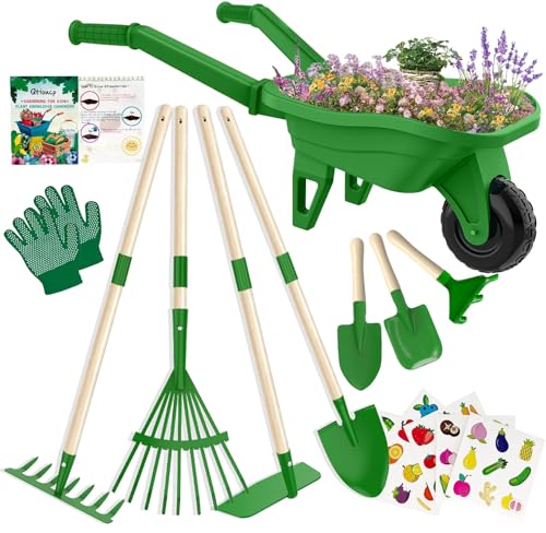 Qtioucp Kids Gardening Tools Outdoor Toys Set Backyard Play with Wheelbarrow Educational STEM Learning Pretend Toys Outdoor Indoor for Toddlers Kids Boys Girls - color: Green2