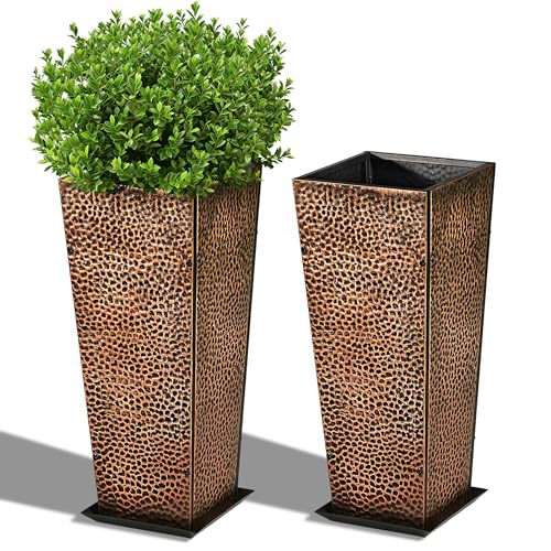 BAYN 2-Pack 24" Tall Metal Planter – Hand-Hammered Textured Large Bronze Flower Pots Box with Saucer for Outdoor&Indoor, Garden, Porch, Patio, Yard with Pre-Drilled Drainage Holes - color: Bronze