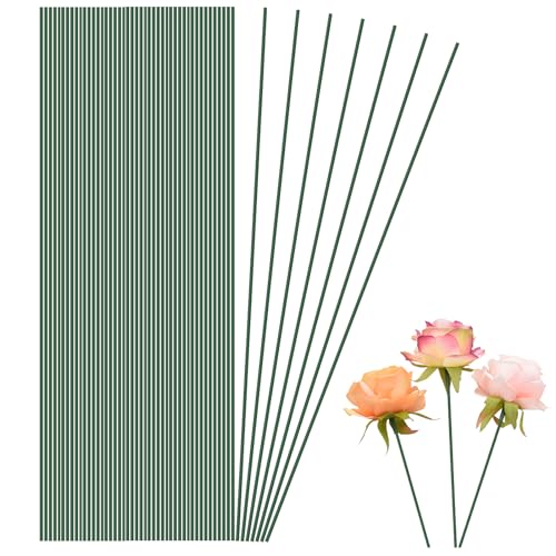 Cosmos 100 Pcs Floral Wire Floral Stem Artificial Flower Stick Stub Stem Metal Plant Support Stakes for Handmade Boutique DIY Craft Floral Arrangement Homemade Garden Stakes, 12 Inch, Dark Green