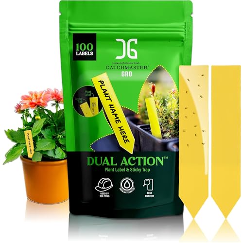 Catchmaster Dual Action Plant Labels 100 PK, Sticky Insect Trap Plant Stakes, for Live Plants Indoor Outdoor, Fruit Fly Trap, Glue Traps for Home, Farm, Garden, Hydroponics & Greenhouse, Pest Control