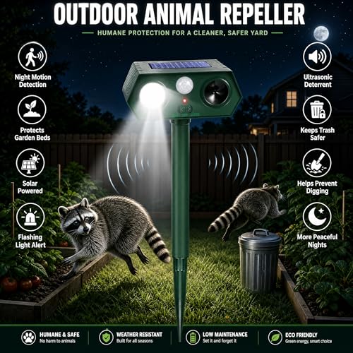 Solar Ultrasonic Animal Repeller with Red&Blue Light for Gardens, Farms and Courtyards, Outdoor Sonic Fortress Pro Deterrent for Deer, Raccoons, Squirrels, Cats, Rabbits, Skunks, Foxes & More(2Pack)