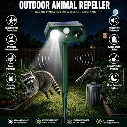 Solar Ultrasonic Animal Repeller with Red&Blue Light for Gardens, Farms and Courtyards, Outdoor Sonic Fortress Pro Deterrent for Deer, Raccoons, Squirrels, Cats, Rabbits, Skunks, Foxes & More(2Pack)