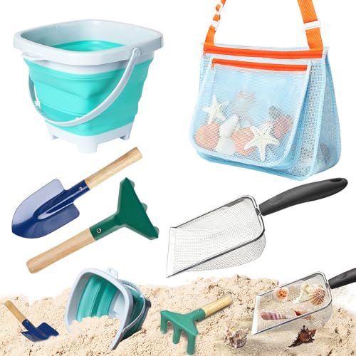 5 Pcs Sand Toys Beach Set Include 1 Metal Shovel,1 Metal Rake,1 Foldable Beach Bucket & 1 Sand Sifter with 1 Mesh Beach Bag for Shells Collecting - color: Beachset(blue)