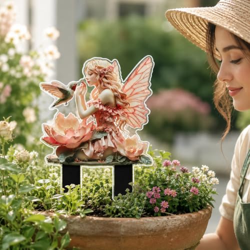 Acrylic Garden Stakes, Fairy Butterfly Yard Decor, Decorative Plant Pot Stakes for Garden, Lawn, Flower Bed, Patio, Porch and Seasonal Display (Pink Fairy) - color: Pink Fairy