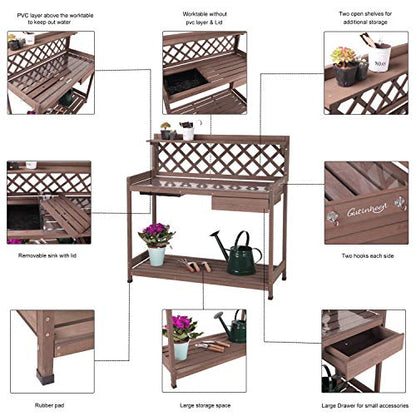 GUTINNEEN Potting Bench with PVC Layer, Sink, Lid, Gardening Work Bench Wooden Planting Table Outdoor with Storage, Drawer, Shelf, Hook