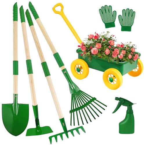 Duckura Kids Wheelbarrow Set, Kids Gardening Tools Set with Real Shovel, Rake, Hoe and Leaf Rake for Outdoor Backyard Play, Educational Toys Birthday Gift for Toddler Boys & Girls Ages 3 4 5 - color: Green&Yellow-8pcs