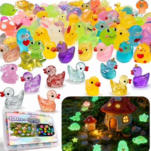 35Assorted Mini Resin Animals: 100Pcs Luminous Resin Figurines Variety Pack - Glow in the Dark Plastic Little Ducks Hedgehog Frog Rabbit Dinosaur for Fairy Garden Aquarium Fish Tank Décor