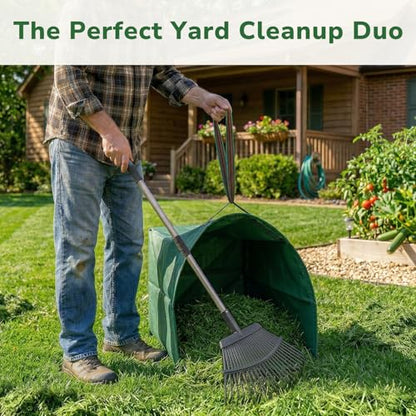 GreatBuddy Leaf Rake and Leaf Bags Combo, Adjustable Metal Garden Rake 29''-72'' 25 Tines, 2 Pack 72 Gallon Reusable Yard Waste Bags, Heavy Duty Lawn Rake with Dustpan Leaf Collector for Yard Cleanup - size: 25 tines & 72 gal 2 packs
