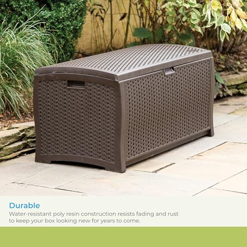 Suncast 99 Gal Wicker Resin Deck Box, Storage Chest Bin with Handles, Java - color: Mocha, style: Deck Box