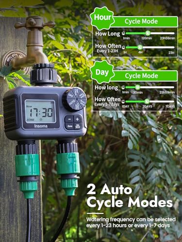 Insoma 2 Zone Water Timer, Programmable Irrigation Sprinkler Timer for Garden Hose, Outdoor Hose Faucet Timers with Rain Delay/Manual/Auto Modes, IPX5 Waterproof for Drip System & Lawn - size: 2 Zone-Plastic