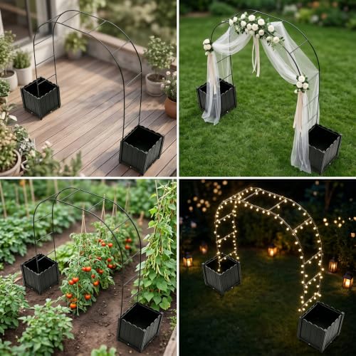 Raised Garden Bed with 3-in-1 Arch Trellis, & Black Plastic Planters