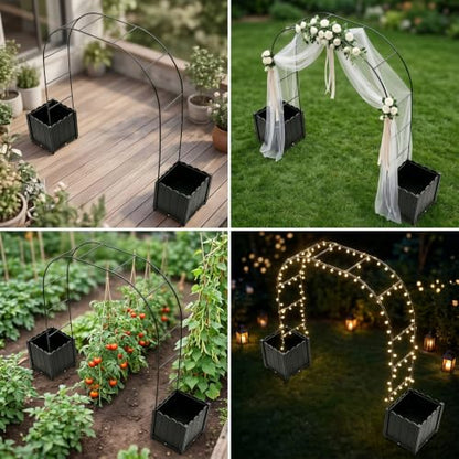 Raised Garden Bed with 3-in-1 Arch Trellis, & Black Plastic Planters